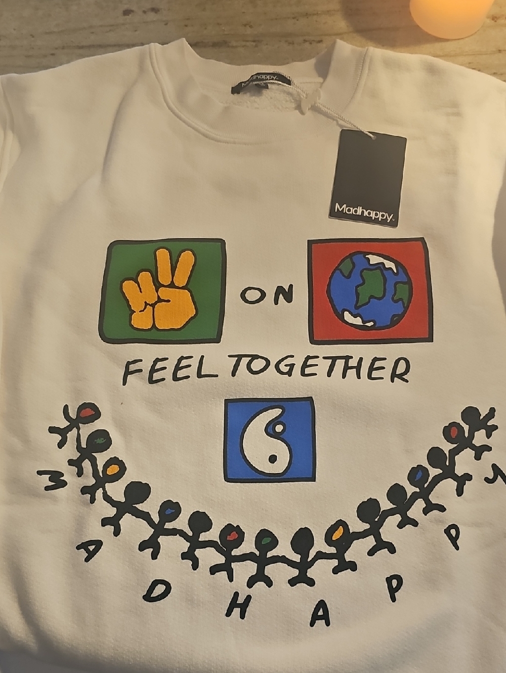 Madhappy White Crewneck with Multicolor Peace & Globe Graphic